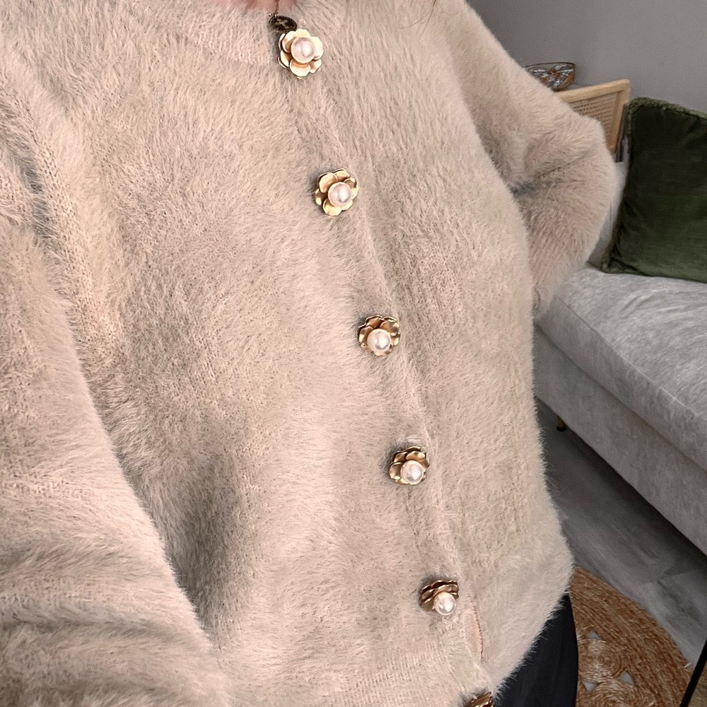 Zara Cream Teddy Jacket with Floral Buttons